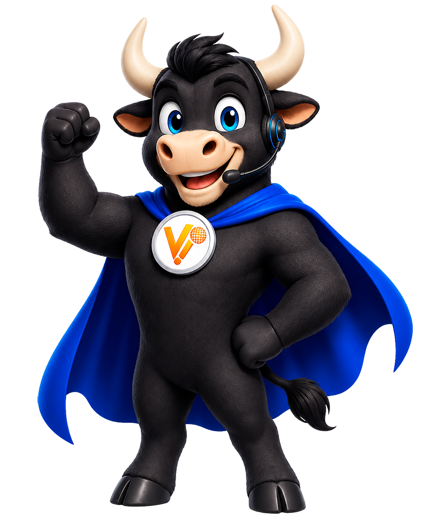 Mascota de Voces Para Tu Marca: un toro locutor con capa y audífonos
